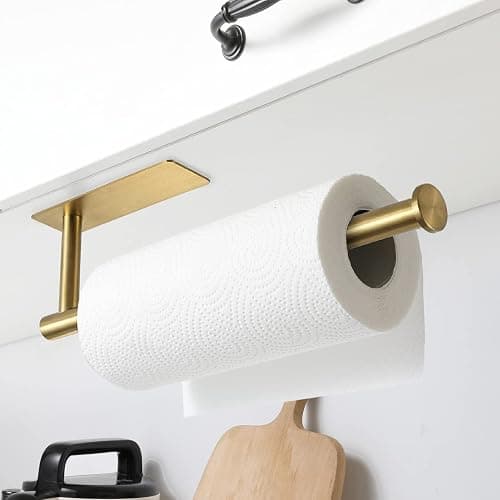 theaoo Paper Towel Holder for Kitchen, Adhesive Under Cabinet Paper Towel Roll Rack for Bathroom Towel, Wall Mounted Matte Black, SUS304 Stainless Steel(1, Gold) thumbnail 2