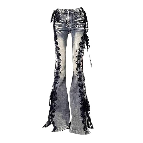 Women's lace up Flared Pants - Split Boot and Beard Design Y2K Gothic Punk Aesthetic Denim Pants - Image 1