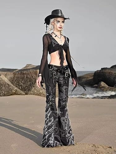Xojbzoo Y2K Grunge Flare Leg Jeans - Punk Aesthetic Denim Pants with Tassel & Horn Accents, Includes Belt thumbnail 3