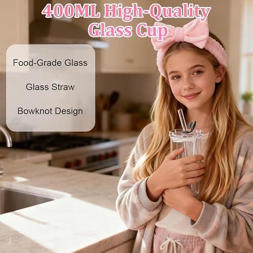 AUYAO Gifts for Girls Teenage Women Christmas Birthday Gift Set Coquette Pink Bow Gift Set with Glass Cup with Lid and Straw Headband Makeup Brushes Cosmetic Bag Greeting Card Unique Presents thumbnail 3