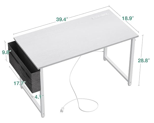KKL Small Desk with Power Outlets and USB Port Computer Desk for Home Office Gaming Simple Modern Style Writing Desks with Storage Bag Headphone Hook, 40 inch, White - White - 40 inch thumbnail 3
