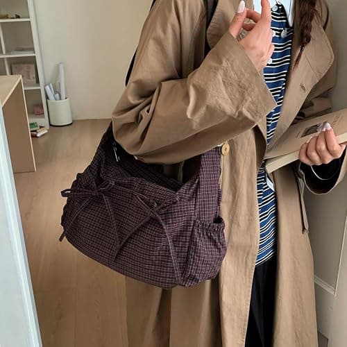 Lushandy Plaid Shoulder Bag Plaid Crossbody Purse Bow Messenger Bag Japanese Style Everyday Bags for College, Travel | Multiple-Pocket, Plaid Bow Design, Lightweight thumbnail 2