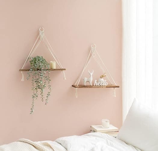 Mkono Macrame Hanging Shelves Boho Wall Decor Set of 2 Rustic Wood Floating Storage Shelf for Bedroom Bathroom Living Room Nursery Dorm Room, Display Shelving for Hanging Plants Photos thumbnail 2