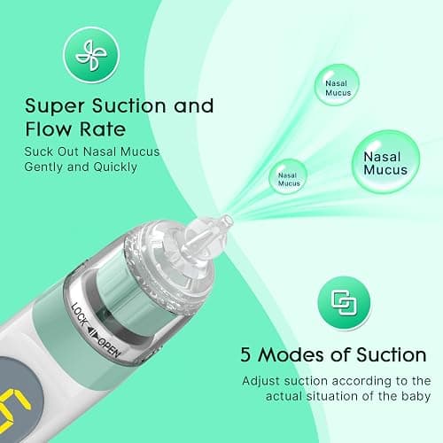 Electric Nasal Aspirator for Baby, Nose Aspirator for Toddlers, Waterproof Baby Nose Sucker, Nose Cleaner with 3 Silicone Tips, Adjustable Suction Level, Music and Light Soothing Function,Green thumbnail 5