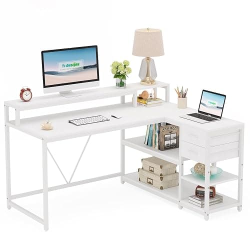 Tribesigns 55-inches Reversible L Shaped Desk with Drawer, Modern White L Corner Desk Home Office Table with Storage Shelves and Monitor Stand, Wooden and Metal PC Desk for Small Space thumbnail 9