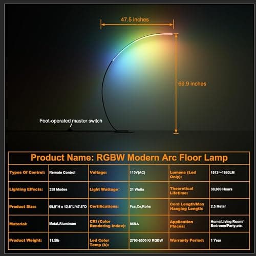 E.P. Light RGBW Modern 69.99 inch Arched Standing Reading Floor Lamp with Remote - Dimmable Black Led Color Changing Curved Ambient Lighting for Bedroom and Living Room thumbnail 8