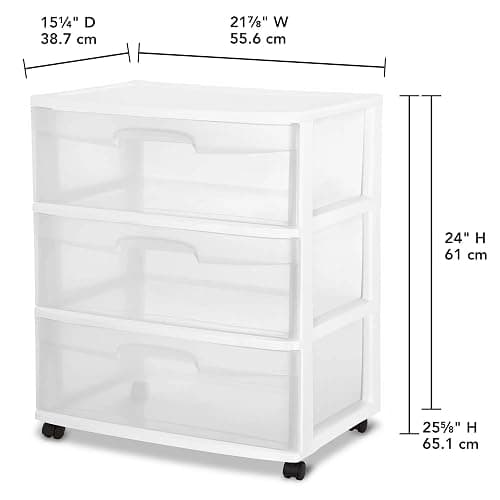 Plastic Storage Drawer Cart, Medium Home Organization Storage Container with 3 Large Clear Drawers With Wheels (White) thumbnail 3