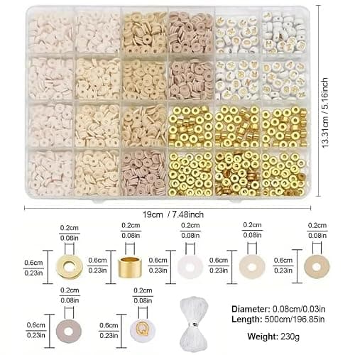 24-Grid DIY Clay Beads Bracelet Kit - 4 Soft Beige Colors Polymer Clay Beads + Golden Spacer Beads & Alphabet Beads + 5m Elastic String for Jewelry Making, Friendship Bracelets & Gift Crafts thumbnail 4