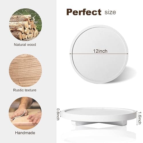 Round Decorative Tray Farmhouse Kitchen Decor Soap Dish, 12" White | Waterproof, Lightweight, Easy Clean, Wood Riser Pedestal Stand Accessories for Office Desk, Vanity, Counter, Sink thumbnail 3