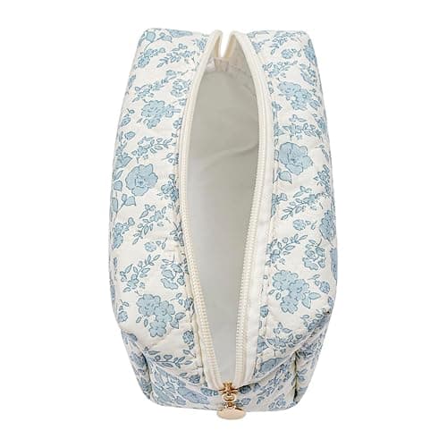 WHHJM Cute Floral Makeup Bag Small Cotton Quilted Cosmetic Bag, Aesthetic Essential Bag Emergency Bag Gift for Women Girls Travel Accessories (Blue Floral) thumbnail 3