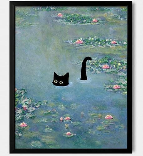 Hamduker Cat Wall Art Monet Prints Vintage Canvas Wall Art Funny Cat in Water Lilies Posters for Room Bedroom Living Room Bathroom Wall Decor Aesthetic (Size: 8''x10''x1pcs) - Image 1