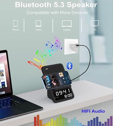 AFK Wireless Charging Station with Bluetooth Speaker and Alarm Clock,Wireless Charger Compatible with iPhone,Android Phones(Black) thumbnail 4