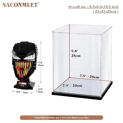 Premium Clear Acrylic Display Case with LED Lights – Dustproof & UV-Protected Showcase for Lego Venom Mask 76187, Star Wars Helmets & Collectibles - Without Overhead Light - 7.9"x7.9"x9.8"inch (for lego Venom Mask 76187) thumbnail 3