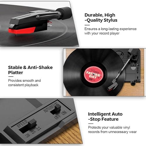 Plattenspieler, FYDEE Vinyl Plattenspieler Bluetooth, Schallplattenspieler Vintage Turntable mit Eingebauter Stereo-Lautsprecher, 3-Gang 33/45/78 U/min, RCA Ausgang, AUX-Eingang, Holzfarbe thumbnail 3