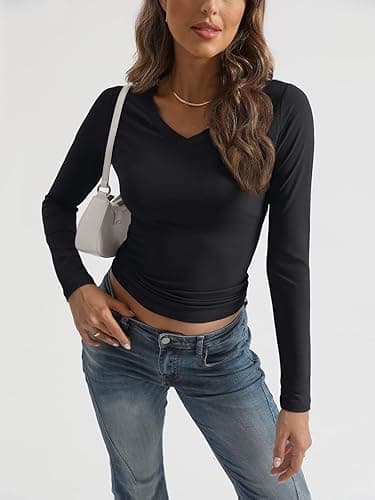 Trendy Queen Long Sleeve Shirts for Women 2025 Fall Fashion V Neck Basics Crop Tops Slim Fitted Y2K Tops Outfits Clothes thumbnail 6