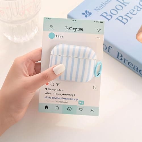 Fycyko Compatible for AirPods Pro 2/1 Case Soft TPU with Cleaner Kit Cute Striped Aesthetic Design Shockproof Keychain Cover for Girls Woman-Blue thumbnail 6