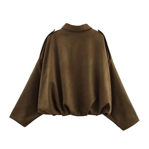Xunger Women's Faux Suede Bomber Jacket Spring Lapel Pilot Coat Casual Oversized Long Sleeves Trendy Streetwear Outerwear thumbnail 4