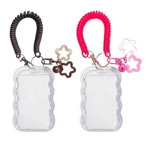 Qoncosy 2 Pack Cute Photocard Holder Keychain Kpop Photo Card Holder | Transparent PC Holder with Star Wave Design for Bus Student Card, Creative Photo Protector Keychain - Image 1