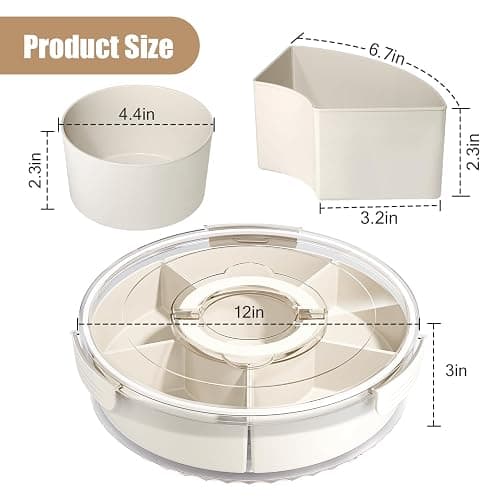 Divided Serving Tray with Lid and Handle,Large Snack Spinner,Snackle Box Container, Multi-purpose Food Platter for Charcuterie Veggie Fruit, Taco Tuesday Movie Night Travel Beach Picnic Essentials - White - 11.4" thumbnail 3