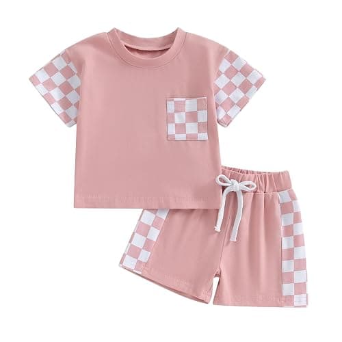 Sejardin Toddler Baby Girl Clothes Summer Outfit Plaid Patchwork Short Sleeve T Shirt Tops and Stretch Casual Shorts Set - Image 1