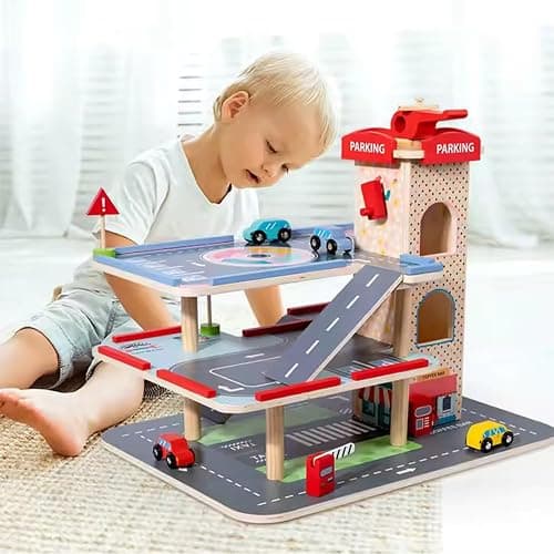 Wooden Toy Garage for Children 3+ Years with Cars Kids Car Ramp Parking 3 Level Car Park Gift Playset with Lift and Road Signs thumbnail 2