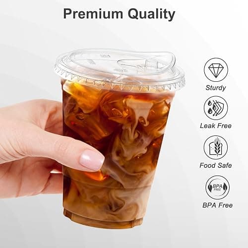 Dealusy 100 Pack - 16 oz Clear Plastic Cups with Lids, Sturdy & Food Safe Iced Coffee Cups with lids, Disposable Plastic Smoothie Cups for Cold Drinks, Sip Lids thumbnail 4