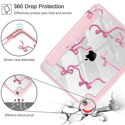 Tuiklol Case for iPad Air 11'' (M3 2025/M2 2024) 6th Gen/iPad Air 10.9'' 2022 2020 Air 5th /4th Gen, Buit in Pencil Holder with Shockproof Cover Clear Transparent Back Auto Wake/Sleep, Bow-Pink thumbnail 6