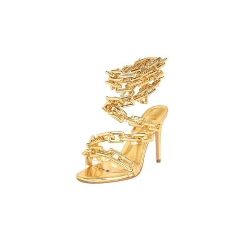 Frankie Hsu Luxury Women's Ankle Leg Lace Up Shinny Gold Link Chain Clear PVC Strappy Stilettos Round Toe High Heeled Mules Sandals - Image 1