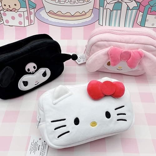 Akutoer Cartoon Cosmetic Bag With Zipper,Kawaii Plush Makeup Bag,Cute Brush Organizer Toiletry Bag for Women Girls (Cat White) thumbnail 4