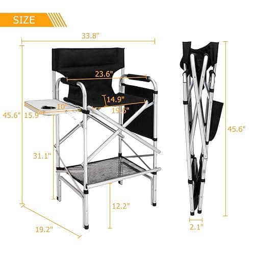 mefeir 31" Tall Folding Directors Chair with Side Table Storage Bag,Portable Makeup Artist Bar Height, Aluminum Frame 300 lbs Capacity, 19.2" D x 23.6" W x 45.6" H thumbnail 3