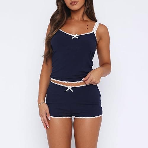 XBTCLXEBCO Women Sexy 2 Piece Pajama Set Sleeveless Lace Trim Crop Cami Top and Shorts Pj Set Y2K Sleepwear Lounge Outfits thumbnail 4