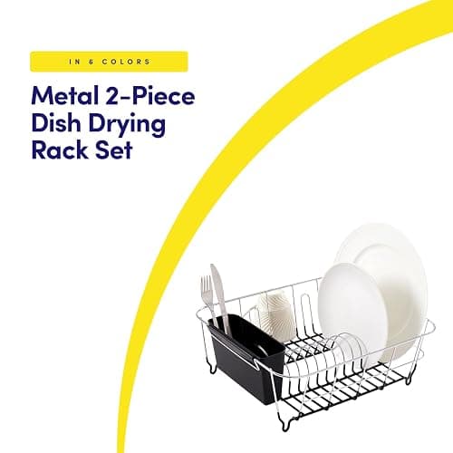 Sweet Home Collection 2 Piece Dish Drying Rack Set Drainer with Utensil Holder Simple Easy to Use Fits in Most Sinks, 14.5" x 13" x 5.25", Black thumbnail 3