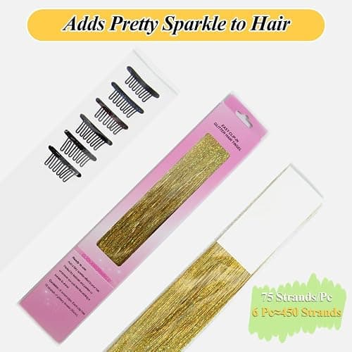 OSUNTRESS Gold Hair Tinsel Clip In Accessories for Women 480 Strands 6Pcs | 20-22 Inch Fairy Clip On Hair Tinsel Kit Glitter Heat Resistant Straight Colored Extensions for USA Girl Festival Party Beach thumbnail 3