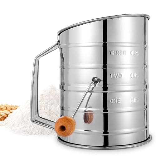 Flour Sifter, 3 Cup Flour Sifter for Baking Fine Mesh Rotary Hand Crank with Loop Agitator for Quick Sifting, Flour Sifter Stainlees Steel, Crank Sifter Flour for Baking Cakes and Spices Toresano - Image 1
