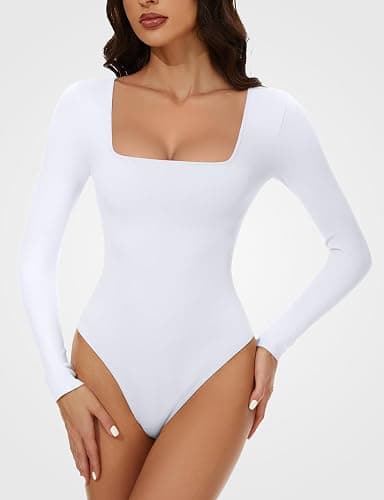 YOGINGO Long Sleeve Square Neck Bodysuits for Womens, Body Suits Tops Going Out Basic Leotards Slim Fitted Outfits Shirt thumbnail 3