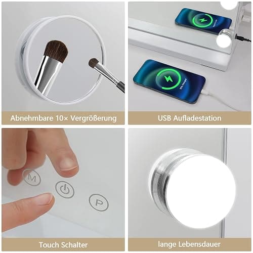 eklipt Schminkspiegel mit Beleuchtung 80 x 56 cm, Hollywood Spiegel mit LED Licht, 3 Farbtemperatur Licht, Touch Control, Tischplatte oder Wandhalterung (18led,80x12x62cm,weiß) thumbnail 6
