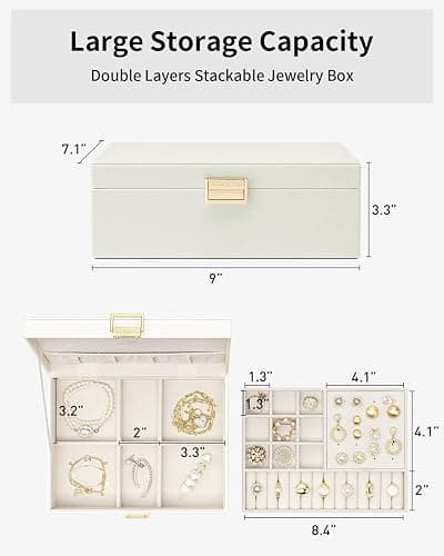 Vlando 2 Layer Jewelry Box Large Jewelry Organizer for Women Removable Jewelery Tray for Necklace Earrings Rings Bracelets Jewelry Boxes for Women Gift (White) thumbnail 2