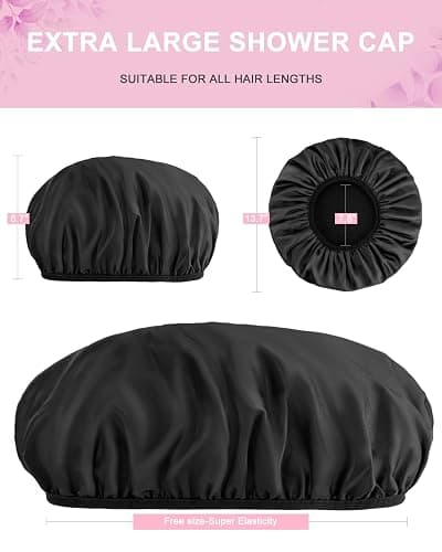 Aquior Shower Cap,Terry Lined Shower Cap for Women Reusable, Triple Layer Waterproof Bath Cap, Extra Large for Women Long Hair(Black) thumbnail 5