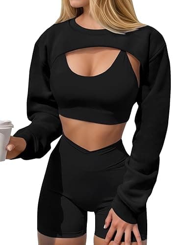Yousify Womens Cropped Sweatshirt Shrugs Long Sleeve Workout Gym Cover Ups Bolero Shrug Y2k Super Crop Tops - Black - Medium
