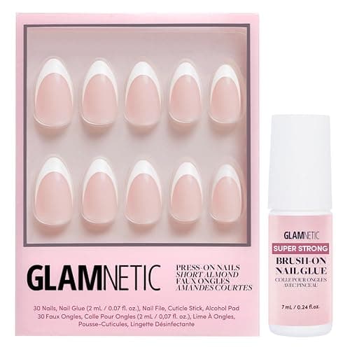 Glamnetic Press-On Nails & Brush-On Nail Glue | Ma Damn White French Tips, Short Almond Shape - Image 1