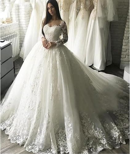 XYAYE Long Sleeve Wedding Dresses for Bride Lace Applique Modest Wedding Gowns with Train Bridal Dresses for Women - 10 - White thumbnail 2