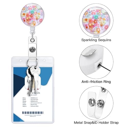 Soleebee 24'' Retractable Badge Holder, Colorful Sequins Badge Reels with Belt Clip ID Name Badge Clip for Nurse Doctor Teacher Student (Star) thumbnail 5