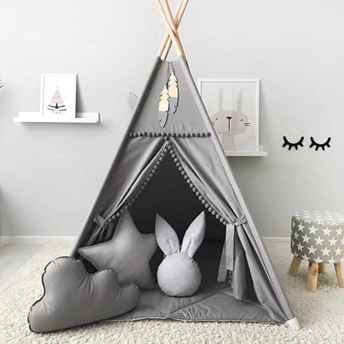 RONGFA Kids Teepee Tent with White Pom Pom - Indoor Play Teepee for Children Boys Portable Play House (Grey) thumbnail 4