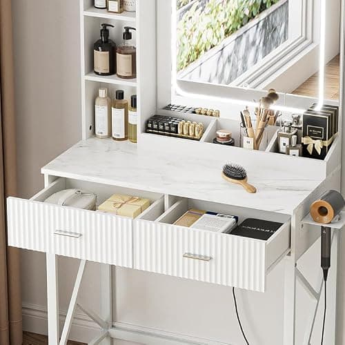 SONGXIN Vanity Desk with Mirror and Lights 3 Colors, Makeup Vanity with 2 Drawers and Storage Shelves, White Vanity Table with Power Outlet, Hair Dryer Holder, Makeup Desk for Bedroom thumbnail 3