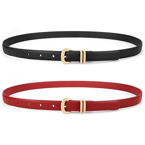 WHIPPY 2 Pack Skinny Leather Belts for Women Thin Ladies Fashion Belt C-Shaped Gold Buckle Black Belt for Jeans Pants Dresses - Image 1
