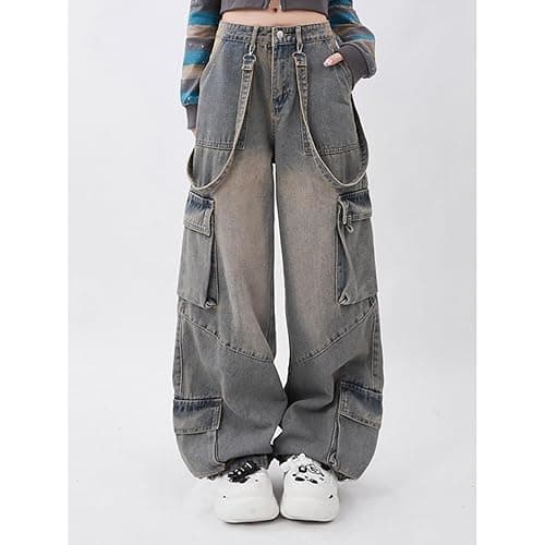Gothic Women's Pants Street Trend Loose Multi Pocket Stitching Casual Straight Leg Wide Leg Washed Denim Vintage thumbnail 5