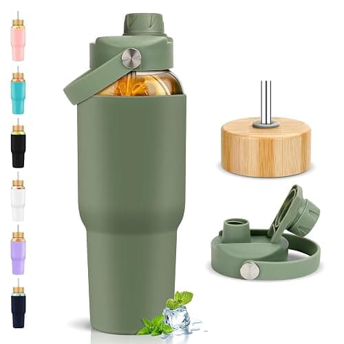 PROBTTL 40 oz Glass Tumbler with Handle - Sports Clear Borosilicate Glass Water Bottle with Straw, Silicone Sleeve, 2 Lids - Handle Spout & Bamboo Straw Lid, Fits Car Cup Holder, Leakproof（Olive - Image 1