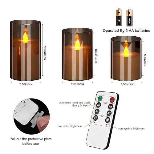 wemarry Flameless Candles 4" 5" 6" Set of 3 Acrylic Glass Pillars 3" Diameter Battery Operated Flickering Candles Include 10-Key Remote with Timer Function 400+ Hours (Gray, Warm Light 3 Pack) thumbnail 6