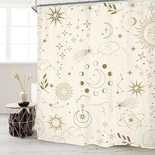 Miyotaa Moon Phase Celestial Shower Curtain Set 60Wx71H Inches Mysterious Constellation Astrology Beige Crescent Tarot Witchy Polyester Bathroom Curtain with 12 Hooks thumbnail 3