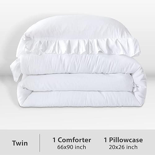 Andency White Comforter Twin Size, 2 Pieces Solid Farmhouse Shabby Chic Ruffle Bedding Comforters & Sets, All Season Soft Lightweight Fluffy Bed Set for Kids Girls Teens - White - Twin thumbnail 2